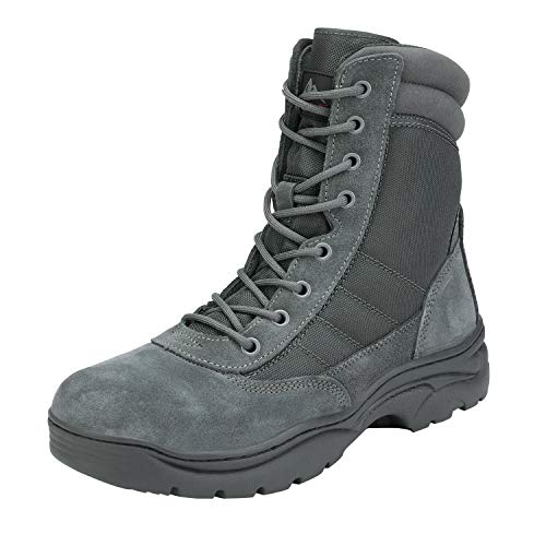 NORTIV 8 Men's Military Tactical Work Boots Side Zipper Leather Motorcycle Combat Boots Trooper(6-8 Inches),Size 8.5,Dark Grey-8 Inches