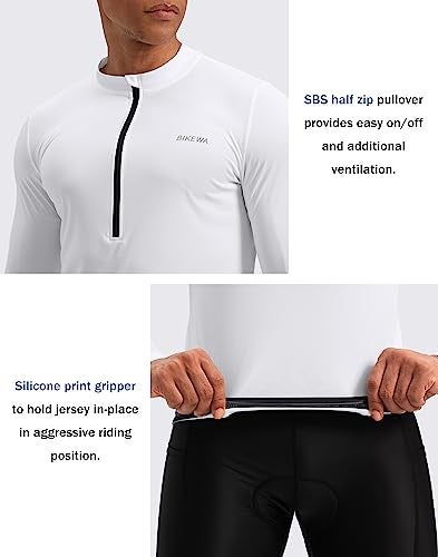 Bikewa Men's Cycling Jersey Moisture Wicking Long Sleeve UPF Half Zip Riding Bike UPF SPF UV Biking Bicycle Mountain Road Biker Cycle Sun Protection Shirts for Men Zipper Pockets(White,L) - Image 4