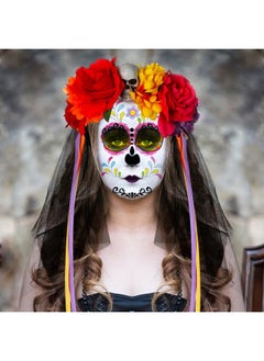 HOWAF Day of The Dead Mexican Veil Headband with Halloween Face Temporary Tattoo Stickers, Rose Flower Black Lace Head Veil for Halloween Party Costume, Sugar Skull Headpiece for Mexican Fiesta Decora  - Image 5