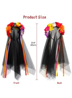 HOWAF Day of The Dead Mexican Veil Headband with Halloween Face Temporary Tattoo Stickers, Rose Flower Black Lace Head Veil for Halloween Party Costume, Sugar Skull Headpiece for Mexican Fiesta Decora  - Image 2