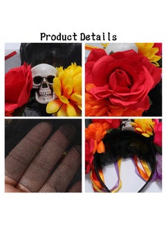 HOWAF Day of The Dead Mexican Veil Headband with Halloween Face Temporary Tattoo Stickers, Rose Flower Black Lace Head Veil for Halloween Party Costume, Sugar Skull Headpiece for Mexican Fiesta Decora  - Image 4