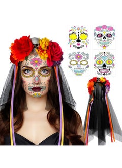 HOWAF Day of The Dead Mexican Veil Headband with Halloween Face Temporary Tattoo Stickers, Rose Flower Black Lace Head Veil for Halloween Party Costume, Sugar Skull Headpiece for Mexican Fiesta Decora  - Image 1