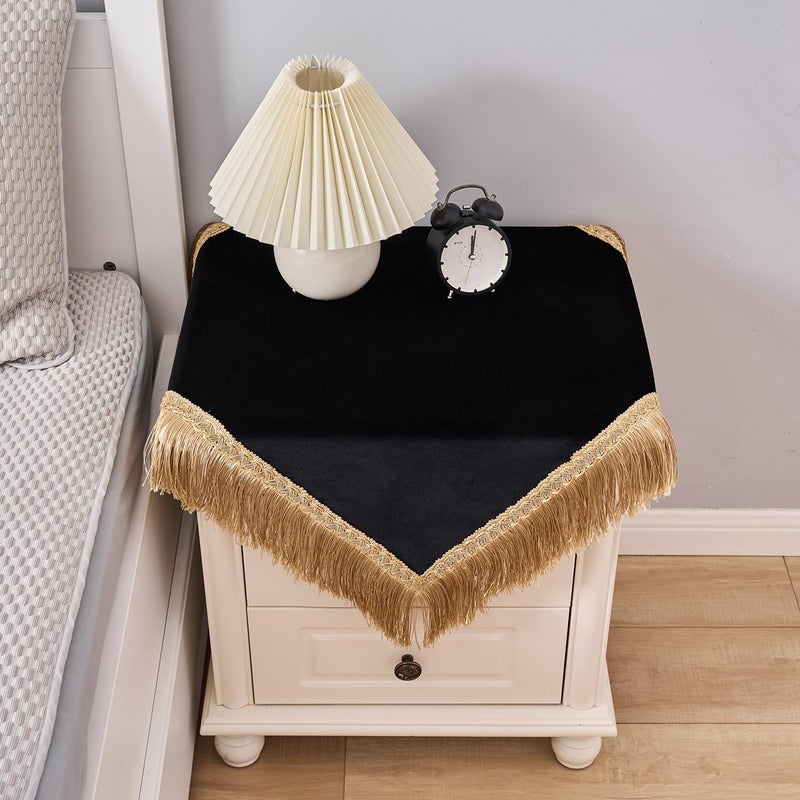 Topwon Square Black Velvet Tablecloth for Nightstand Solid Color Coffee Table Cover with Tassel Soft Velvet Fabric Washable Wipeable Bedside Table Cover for Indoor Outdoor Home Kitchen Decoration (24 Inch) - Image 2