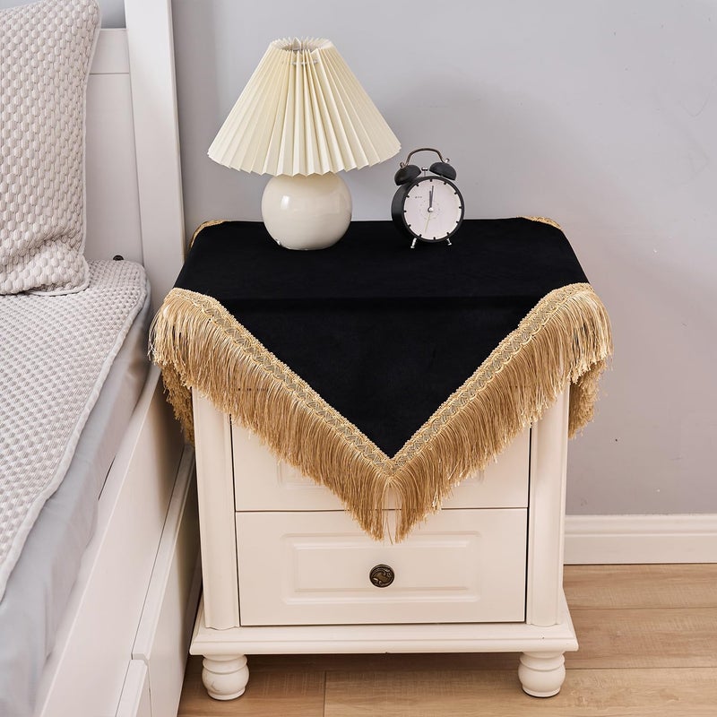 Topwon Square Black Velvet Tablecloth for Nightstand Solid Color Coffee Table Cover with Tassel Soft Velvet Fabric Washable Wipeable Bedside Table Cover for Indoor Outdoor Home Kitchen Decoration (24 Inch) - Image 1