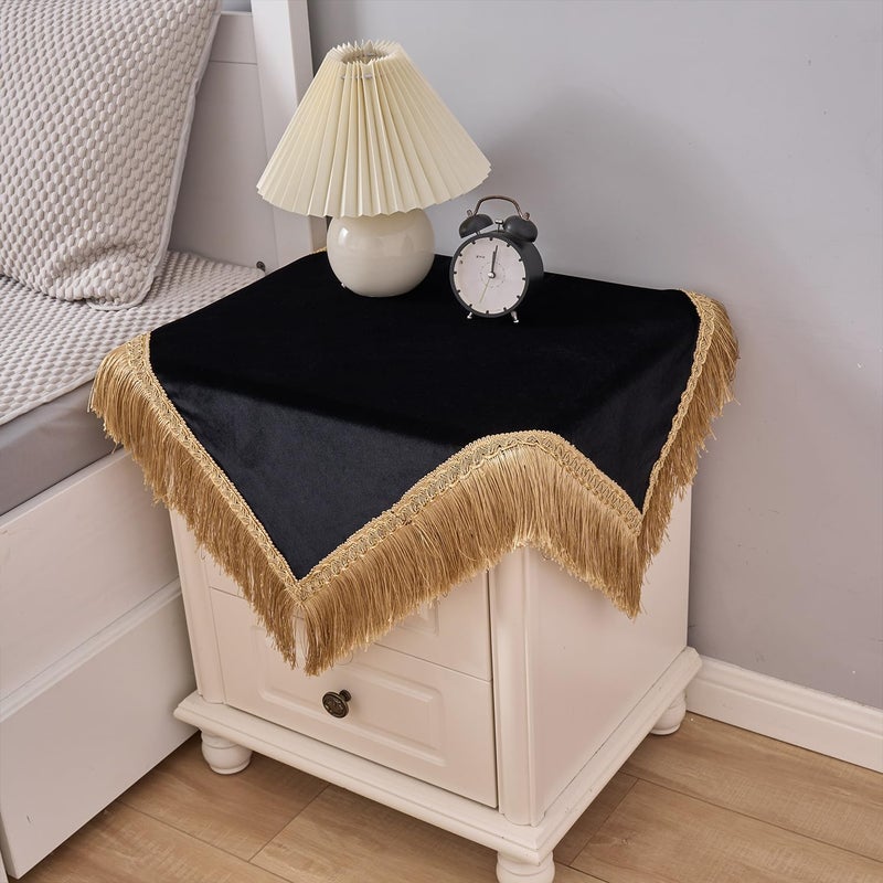 Topwon Square Black Velvet Tablecloth for Nightstand Solid Color Coffee Table Cover with Tassel Soft Velvet Fabric Washable Wipeable Bedside Table Cover for Indoor Outdoor Home Kitchen Decoration (24 Inch) - Image 3