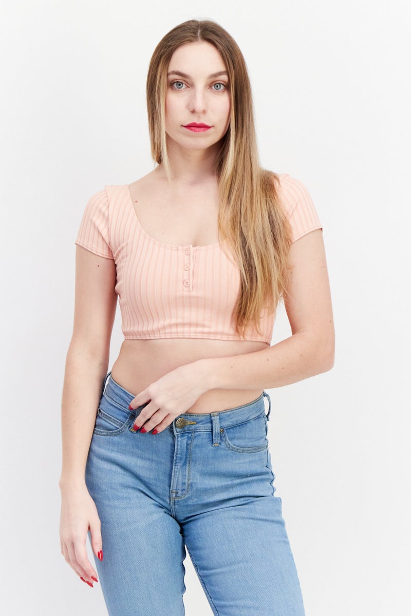 Billabong Women Scoop Neck Cap Sleeve Textured Top, Pink - Image 1