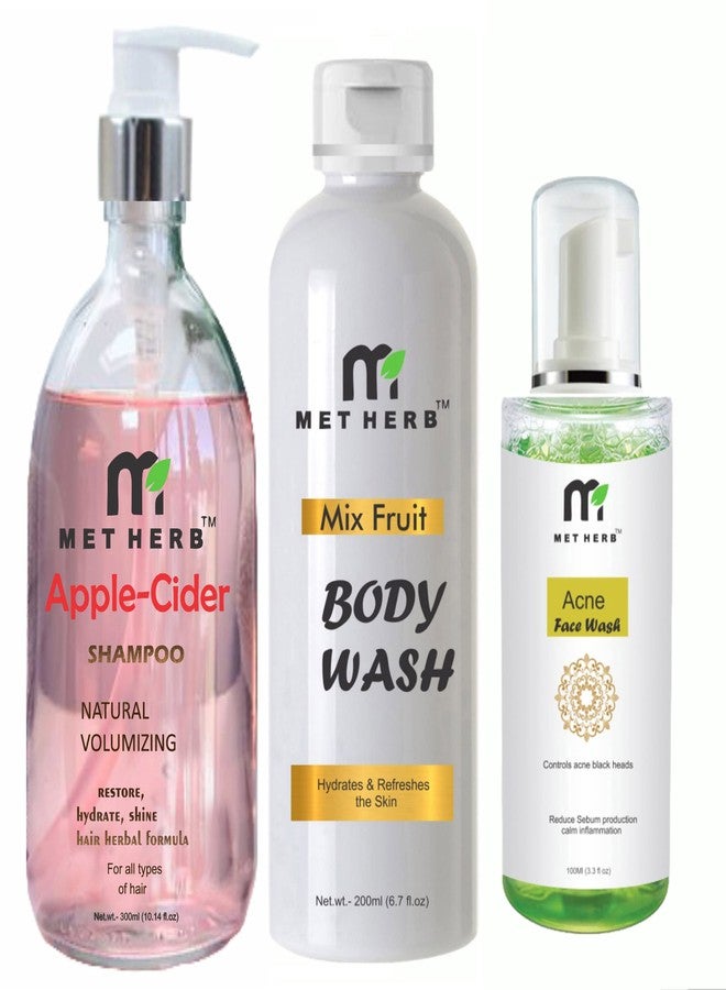 METHERB Apple Cider Shampoo -300ml & Mix Fruit Body Wash -200ml & Anti Acne Face wash-100ml-combo pack - Image 1