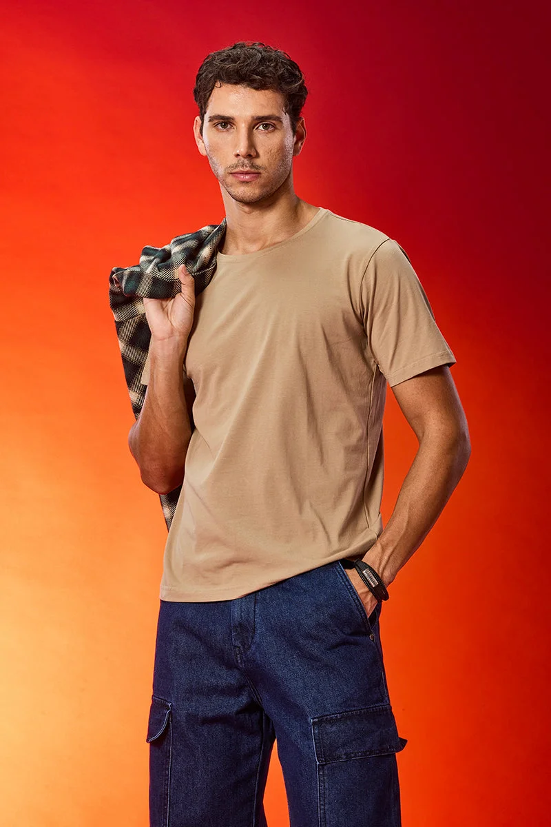 SNITCH Slim Fit 4-Way Stretch Beige T-Shirt