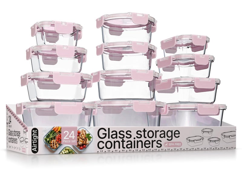 BAKKENMASTER Bakken Borosilicate Glass Food Storage Containers with Lids 24 Pieces, BPA-Free Stackable Lunch & Leftover Containers, Microwave, Freezer & Dishwasher Safe, 100% Airtight Leak-Proof, Pink - Image 1