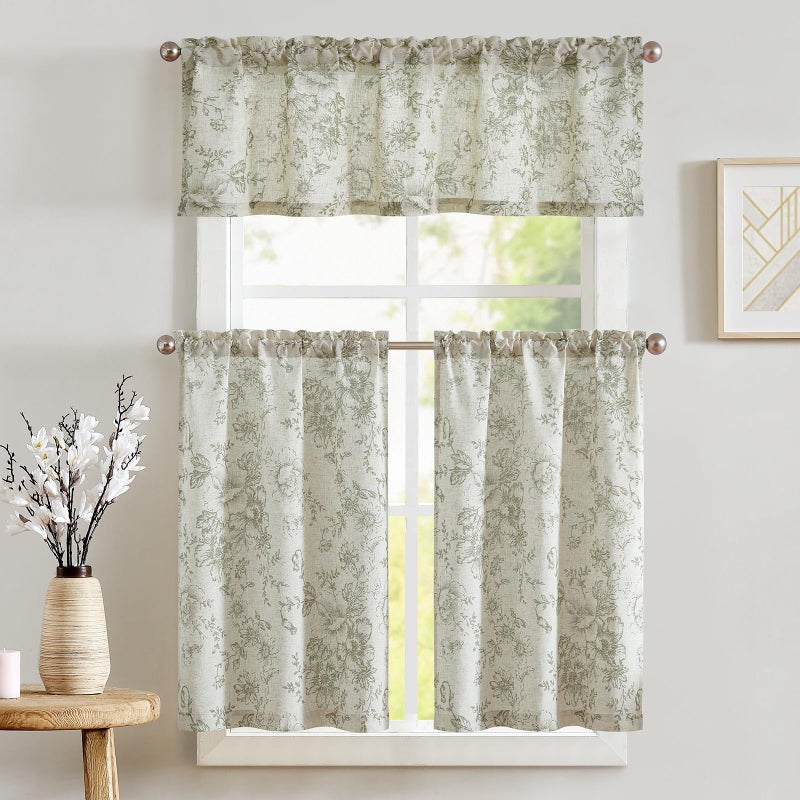 jinchan Floral Kitchen Curtains Set Linen Tier Curtains and Valance Farmhouse Drapes for Small Windows 24 Inch Length for Cafe Living Room Bathroom Rod Pocket 3 Pieces Set Brick Red on Linen - Image 1