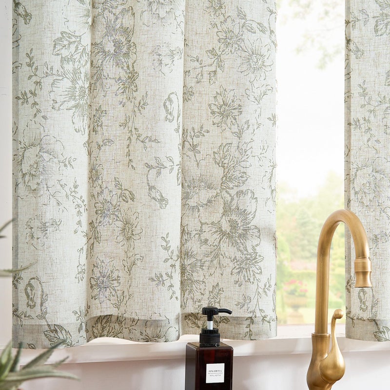 jinchan Floral Kitchen Curtains Set Linen Tier Curtains and Valance Farmhouse Drapes for Small Windows 24 Inch Length for Cafe Living Room Bathroom Rod Pocket 3 Pieces Set Brick Red on Linen - Image 2
