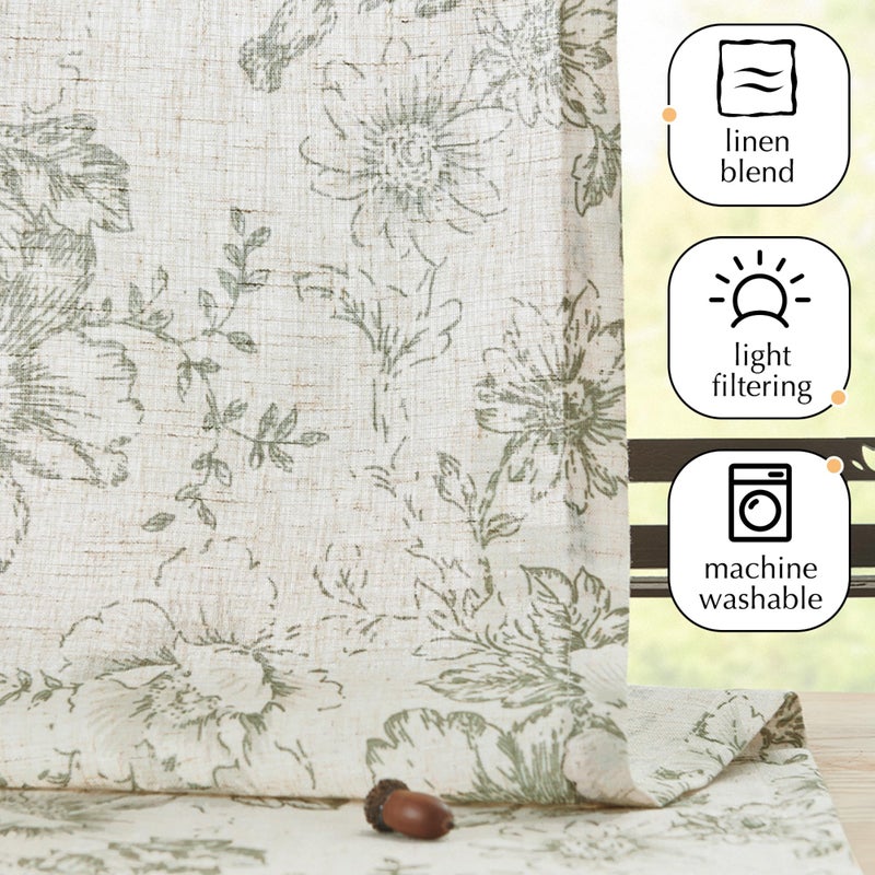 jinchan Floral Kitchen Curtains Set Linen Tier Curtains and Valance Farmhouse Drapes for Small Windows 24 Inch Length for Cafe Living Room Bathroom Rod Pocket 3 Pieces Set Brick Red on Linen - Image 3