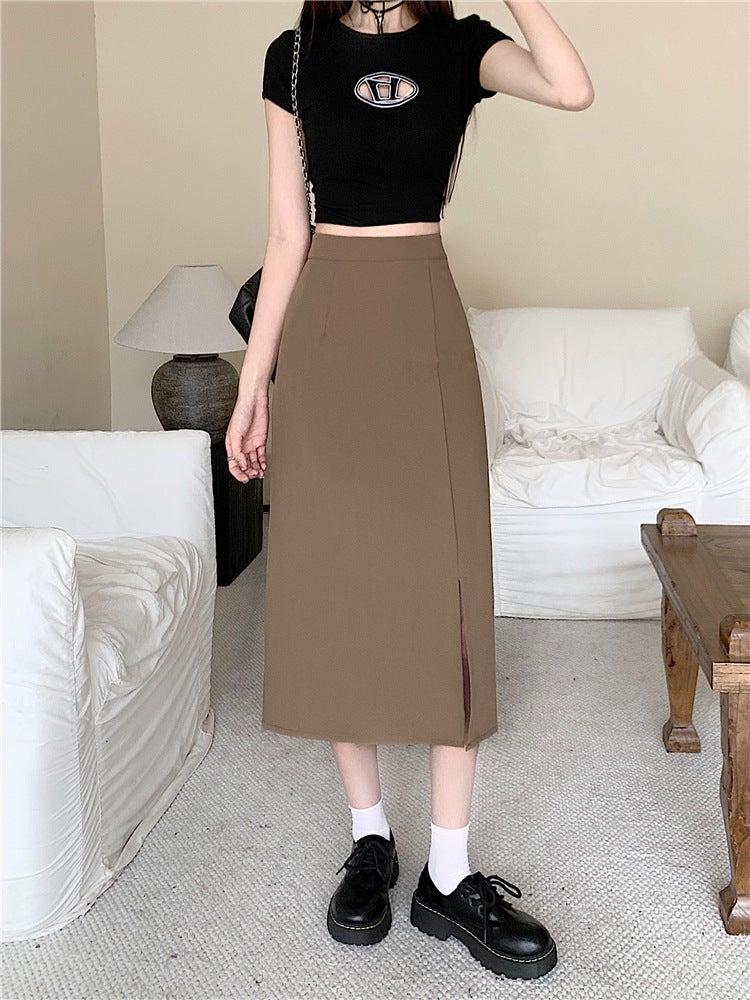 plus size Light Cooked Style Split Skirt Womens Summer New High Waist Skirt Slimming Chubby Hip Skirt Coffee  - Image 1