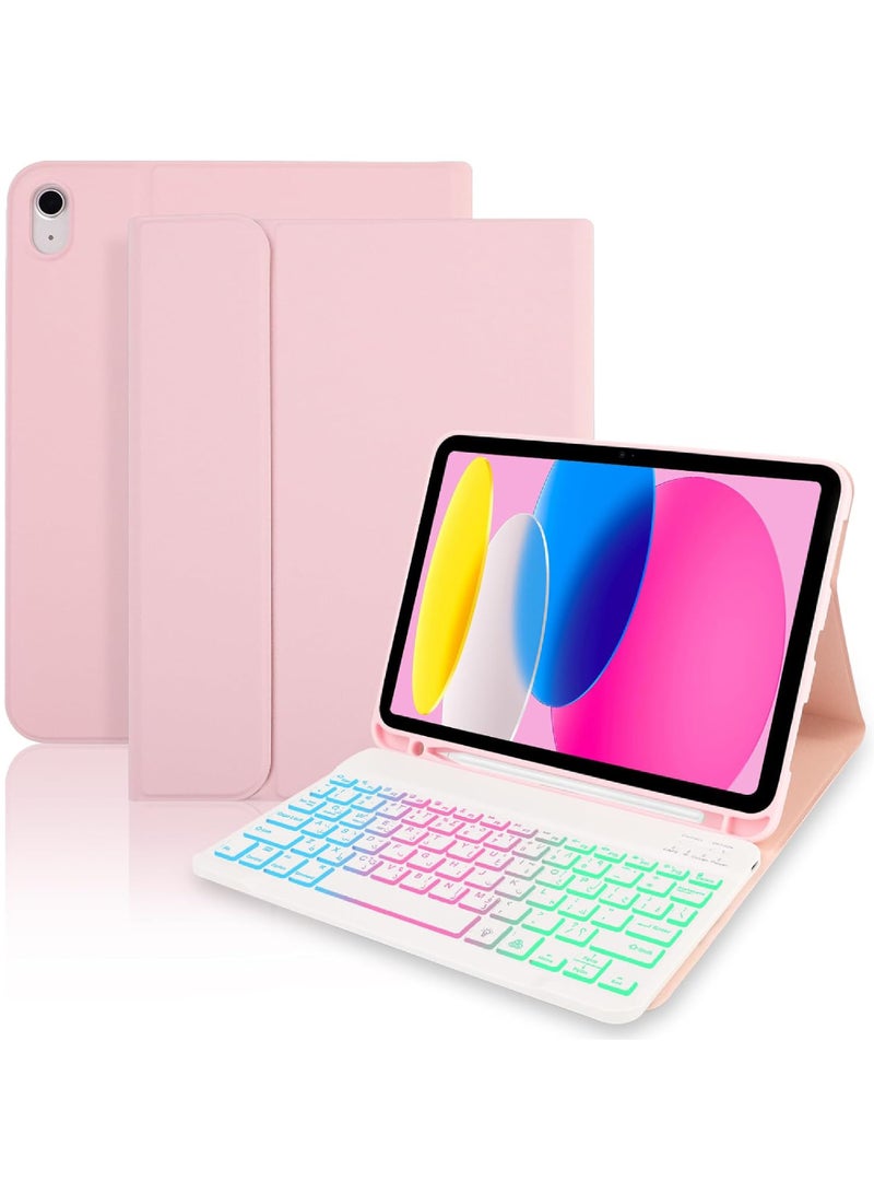 روك بو حافظة لوحة مفاتيح عربية لجهاز iPad (A16) 11 بوصة 2025/10 10.9 بوصة (2022) مع حامل قلم، لوحة مفاتيح قابلة للفصل بإضاءة خلفية بألوان قوس قزح 7 ألوان مع غطاء مغناطيسي للشحن من النوع C لجهاز iPad 11 بوصة/iPad 10 10.9 بوصة - Image 1