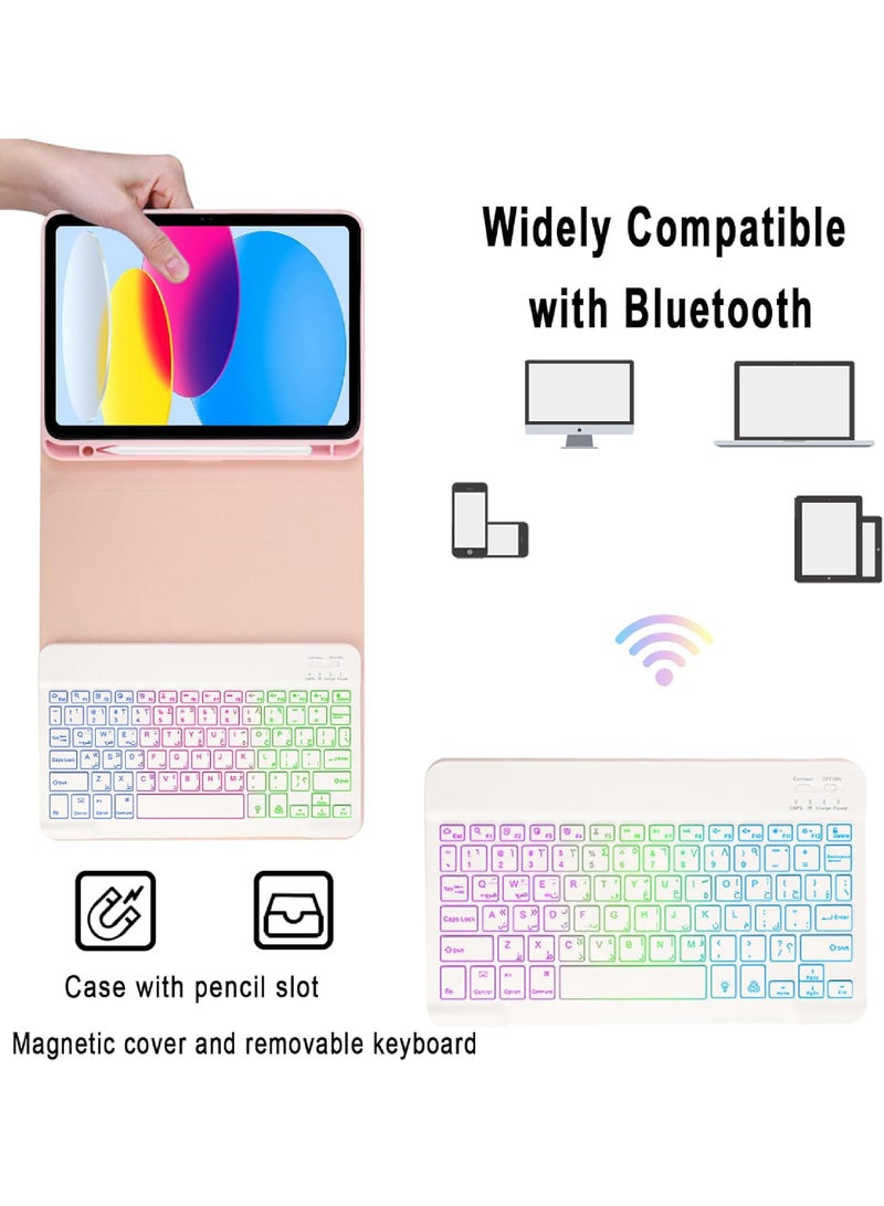 روك بو حافظة لوحة مفاتيح عربية لجهاز iPad (A16) 11 بوصة 2025/10 10.9 بوصة (2022) مع حامل قلم، لوحة مفاتيح قابلة للفصل بإضاءة خلفية بألوان قوس قزح 7 ألوان مع غطاء مغناطيسي للشحن من النوع C لجهاز iPad 11 بوصة/iPad 10 10.9 بوصة - Image 5