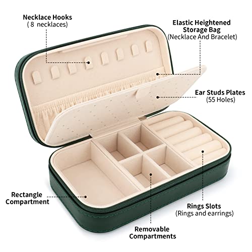 DesignSter Travel Jewelry Box, PU Leather Portable Jewelry Case, Small Jewelry Boxes for Gifts, Travel Jewelry Organizer for Women Rings Earrings Necklaces Bracelets (Dark Green) - Image 2