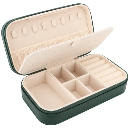 DesignSter Travel Jewelry Box, PU Leather Portable Jewelry Case, Small Jewelry Boxes for Gifts, Travel Jewelry Organizer for Women Rings Earrings Necklaces Bracelets (Dark Green) - Image 1
