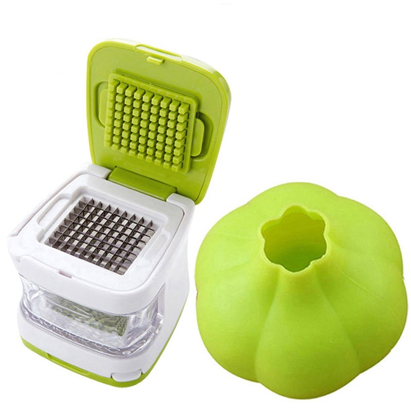 NewFerU NewFerU Cube Garlic Ginger Press Cutter Mincer Chopper Crusher Slicer Grater Grinder Dicer Machine Food Aid in Plastic Stainless Steel with Silicone Peeler Kitchen Gadget Green Tool Set 