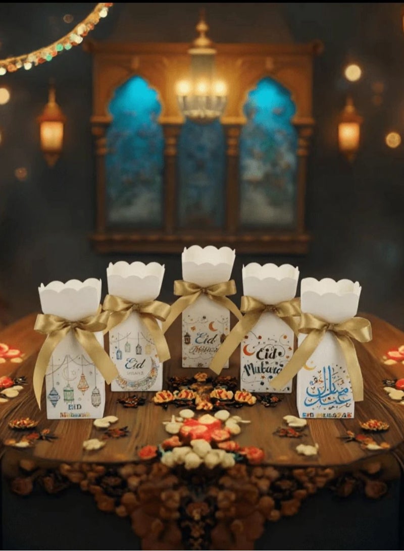 Set of 10 luxurious small white gift boxes with elegant ribbons and Eid al-Adha greetings, size 12×5×6.4 cm, perfect for presenting sweets, chocolates, and small gifts, for Eid al-Adha giveaways. - Image 3