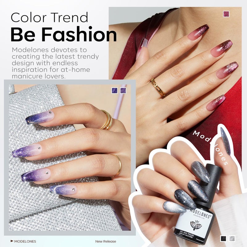 Modelones Cat Eye Gel Nail Polish Set, 6 Colors Fall Winter 9D Glassy Cat Eye Glitter Gel Polish Black Red Purple Blue Silver Brown Nail Polish with Magnet Soak Off LED DIY Salon Gift - Image 3