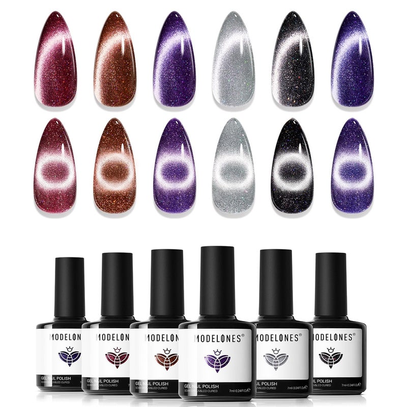 Modelones Cat Eye Gel Nail Polish Set, 6 Colors Fall Winter 9D Glassy Cat Eye Glitter Gel Polish Black Red Purple Blue Silver Brown Nail Polish with Magnet Soak Off LED DIY Salon Gift - Image 1