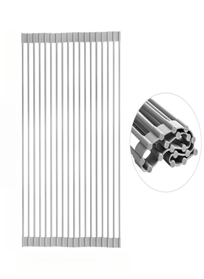 ارواق حامل أطباق رول قابل للطي – رف تجفيف متعدد الوظائف من الستانلس ستيل لحوض المطبخ | حصيرة مقاومة للحرارة لتجفيف الأطباق والخضروات والفواكه - Image 1