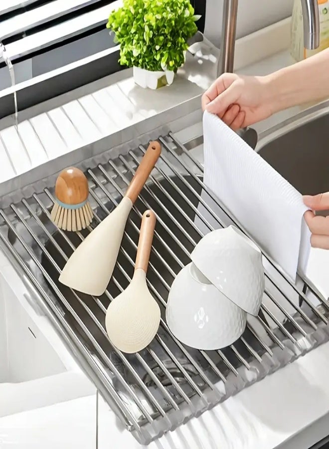 ارواق حامل أطباق رول قابل للطي – رف تجفيف متعدد الوظائف من الستانلس ستيل لحوض المطبخ | حصيرة مقاومة للحرارة لتجفيف الأطباق والخضروات والفواكه - Image 3