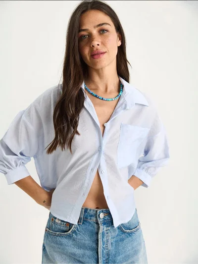 Bianco Lucci LUCCI Textured Crop Shirt with Button Closure and Pocket