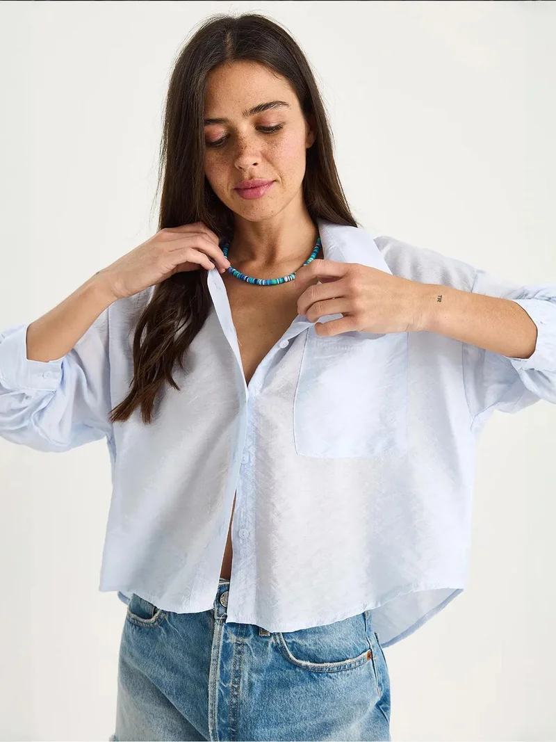 Bianco Lucci Baby Blue LUCCI Textured Crop Shirt with Button Closure and Pocket for Women | Best Price UAE