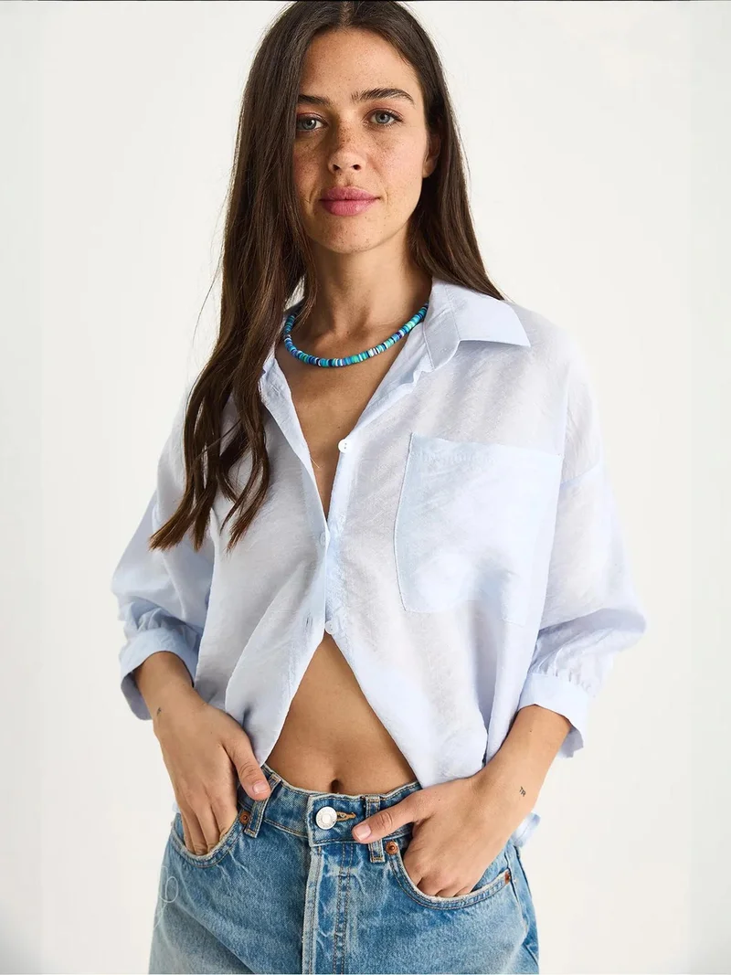 Bianco Lucci Baby Blue LUCCI Textured Crop Shirt with Button Closure and Pocket for Women | Best Price UAE