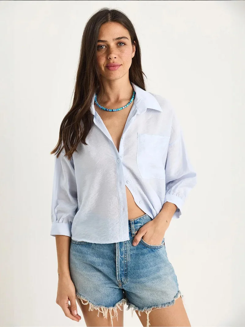 Bianco Lucci Baby Blue LUCCI Textured Crop Shirt with Button Closure and Pocket for Women | Best Price UAE