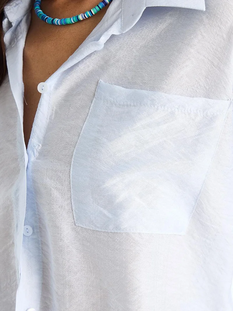 Bianco Lucci Baby Blue LUCCI Textured Crop Shirt with Button Closure and Pocket for Women | Best Price UAE