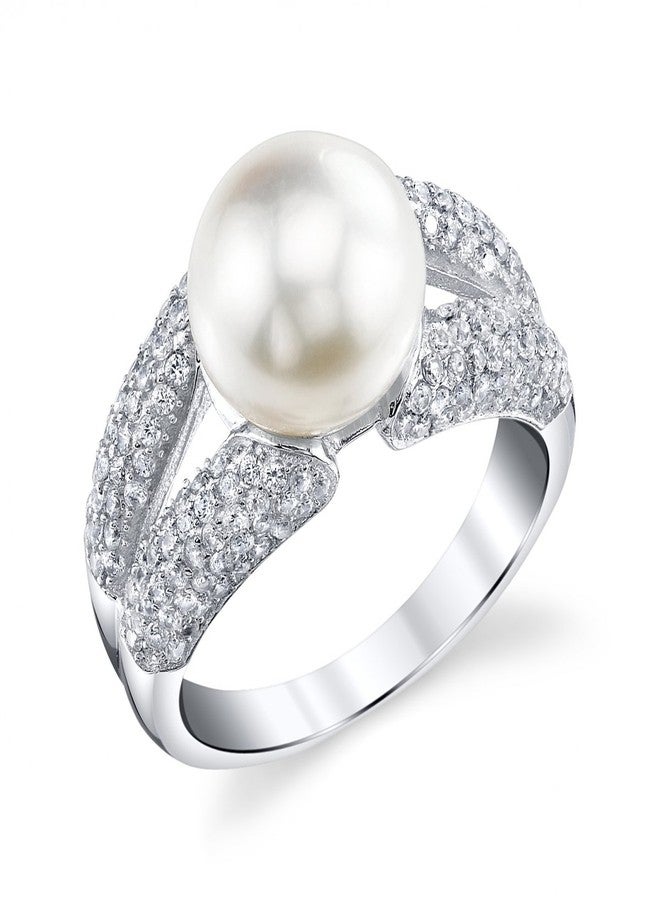 The Pearl Source 9-10mm Genuine White Freshwater Cultured Pearl & Cubic Zirconia Rainbow Ring for Women - Image 1