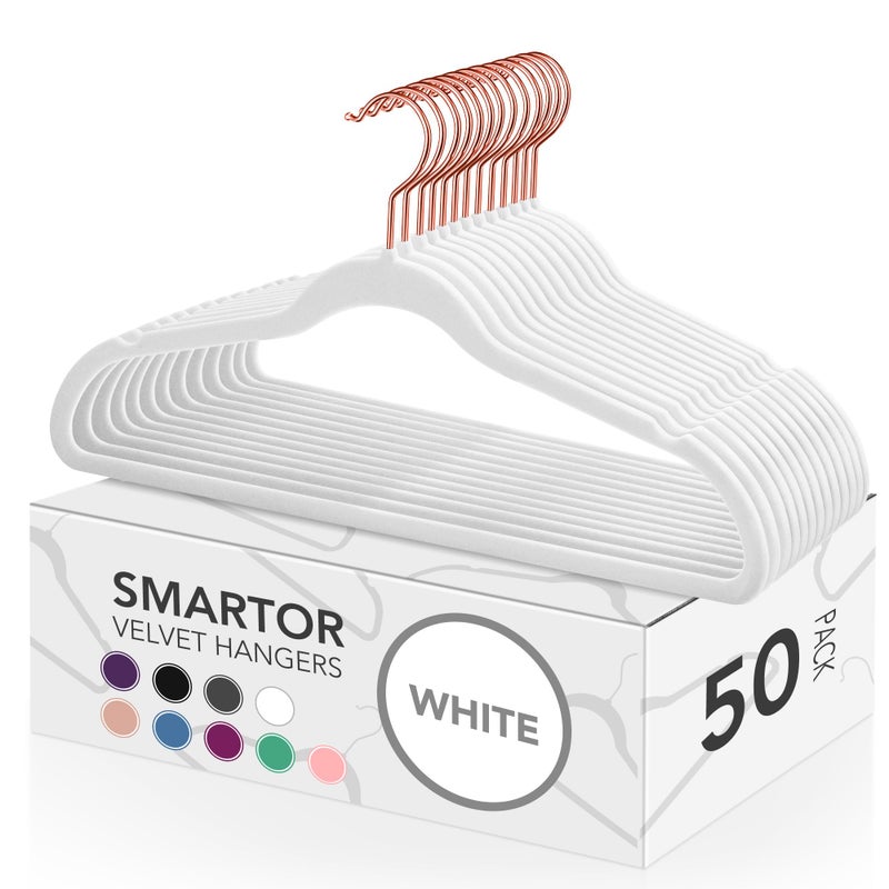 Smartor White Velvet Hangers 50 Pack Non Slip Clothes Felt Hanger Heavy Duty for Coat 360 Rotating Rose Glod Hook Premium Slim Space Saving Hangers for Closet Organizer and Storage