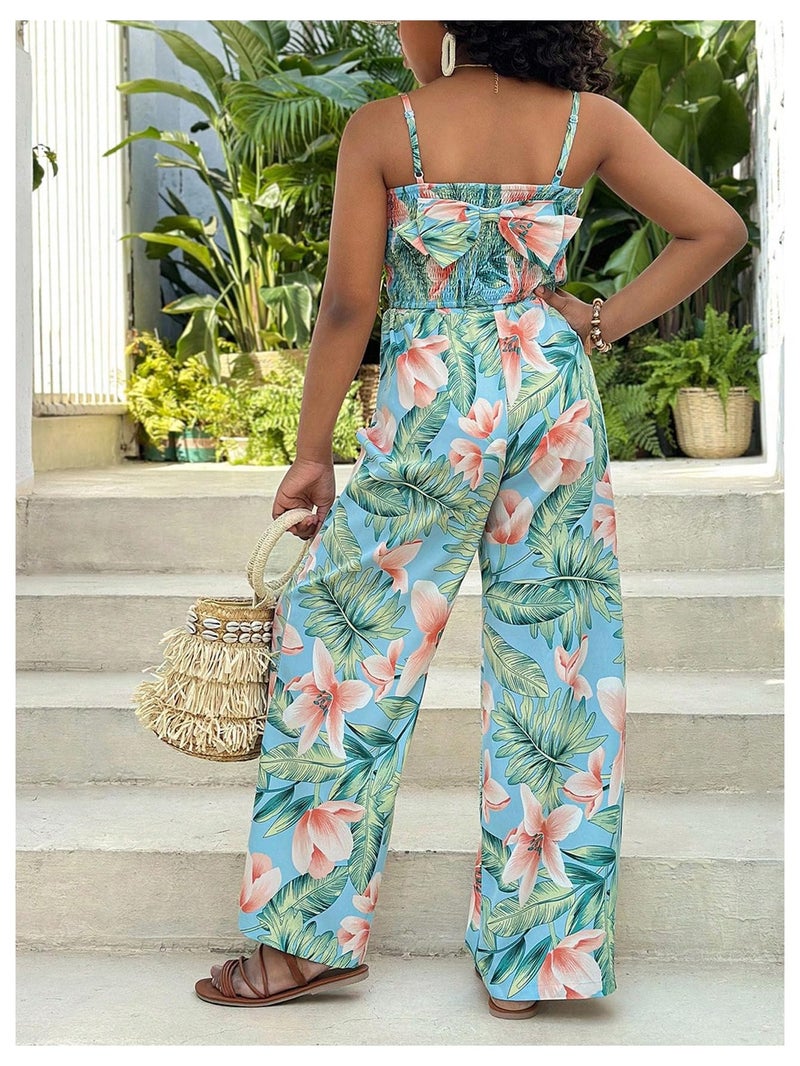 Floerns Girl's 2 Piece Outfit Hawaiian Tropical Crop Cami Tops and Boho Pants Set Light Blue 9Y - Image 3