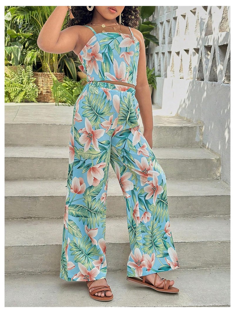 Floerns Girl's 2 Piece Outfit Hawaiian Tropical Crop Cami Tops and Boho Pants Set Light Blue 9Y - Image 4