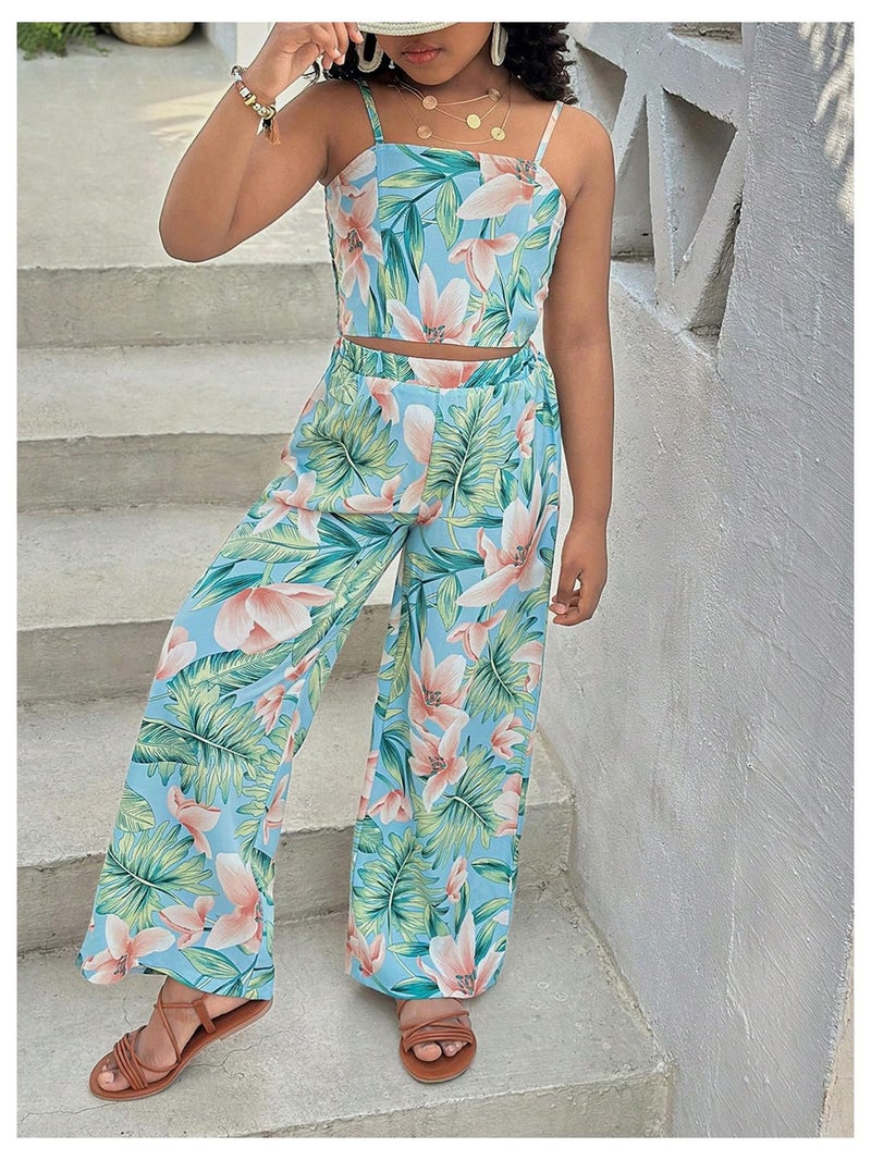 Floerns Girl's 2 Piece Outfit Hawaiian Tropical Crop Cami Tops and Boho Pants Set Light Blue 9Y - Image 2