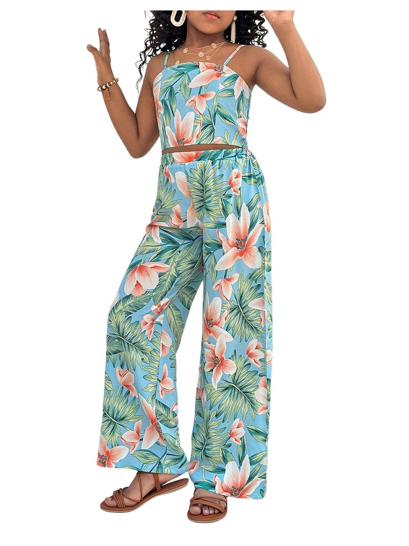 Floerns Girl's 2 Piece Outfit Hawaiian Tropical Crop Cami Tops and Boho Pants Set Light Blue 9Y - Image 1