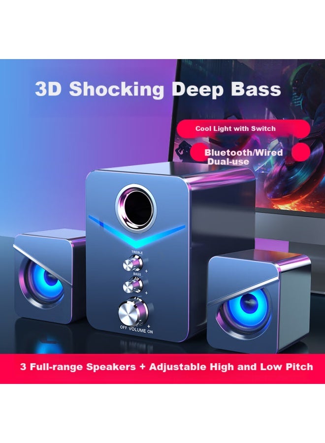 SADA مكبر صوت بلوتوث D-221 2.1 للكمبيوتر، الهاتف الذكي، الوسائط المتعددة، سطح المكتب، اللابتوب، الألعاب، الدروس عبر الإنترنت، مكبر صوت فرعي صغير مع 7 ألوان (أزرق/أسود) - Image 1