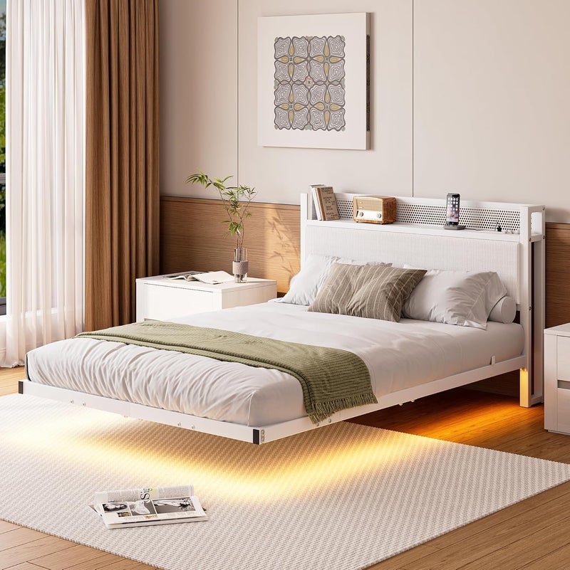 إطار سرير معدني عائم مزدوج مع أضواء LED ومحطة شحن USB، إطار سرير منصة معدني 135x190 سم مع رأس سرير مخزن 4 أقدام و6 بوصات، شرائح معدنية متينة، خالٍ من الضوضاء / لامع أبيض - Image 1