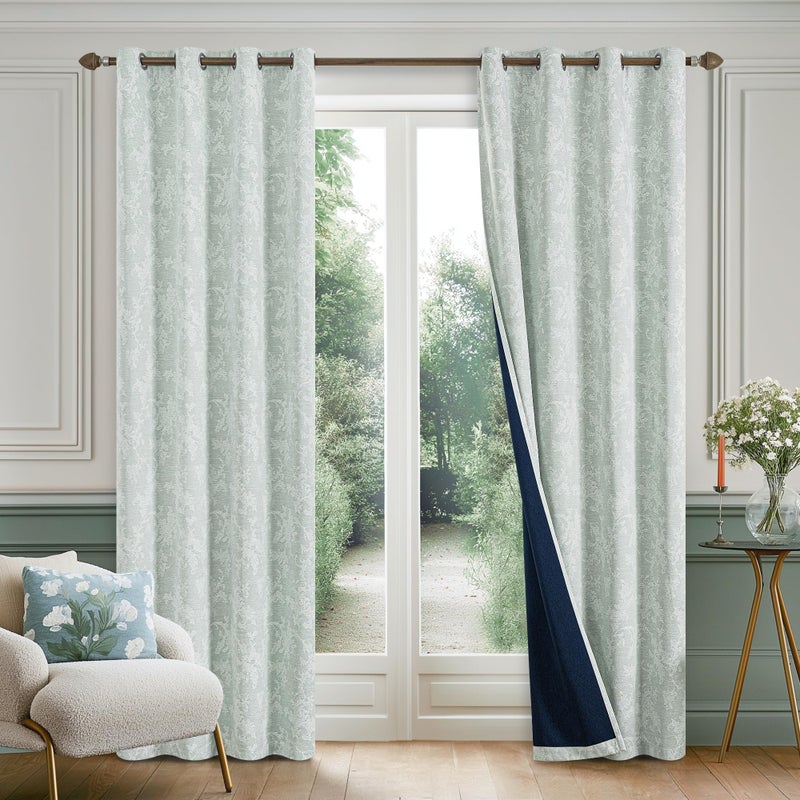 FMFUNCTEX Sage Green Floral Jacquard Blackout Curtains 84 Inches Long for Bedroom, Scroll Flower Chenille Farmhouse Curtain for Living Room Darkening Thermal Insulated Grommet Window Drapes 2 Panels - Image 2