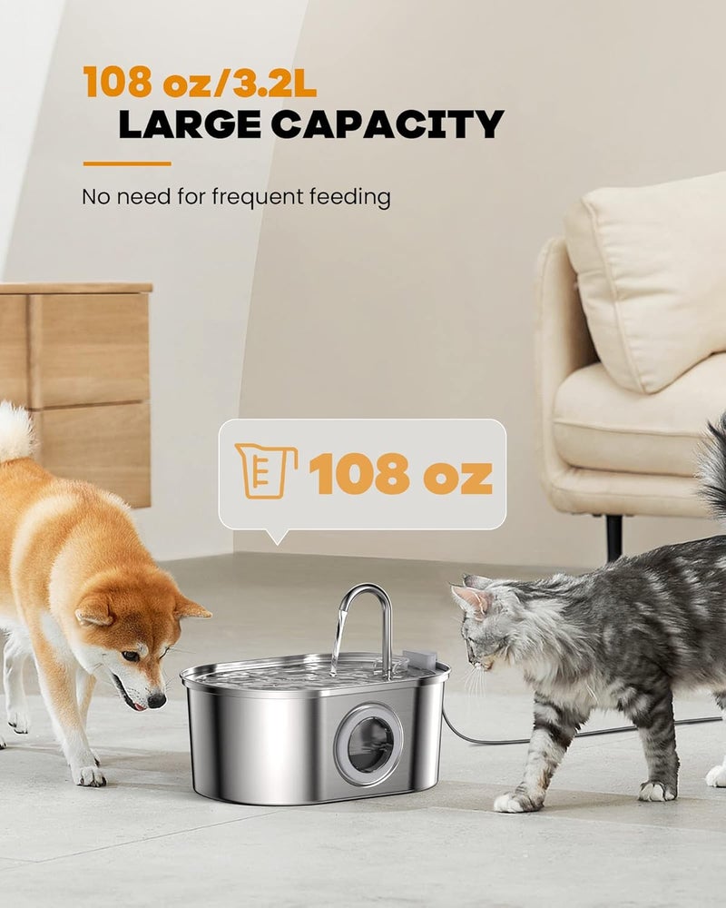 SOOFPET Cat Water Fountain Stainless Steel: with 8pcs Carbon Filter + 8pcs Sponge 108oz/3.2L Pet Water Fountain Cat Fountain - Water Fountain for Cats Inside with Water Level Window Quiet Pump - Image 3