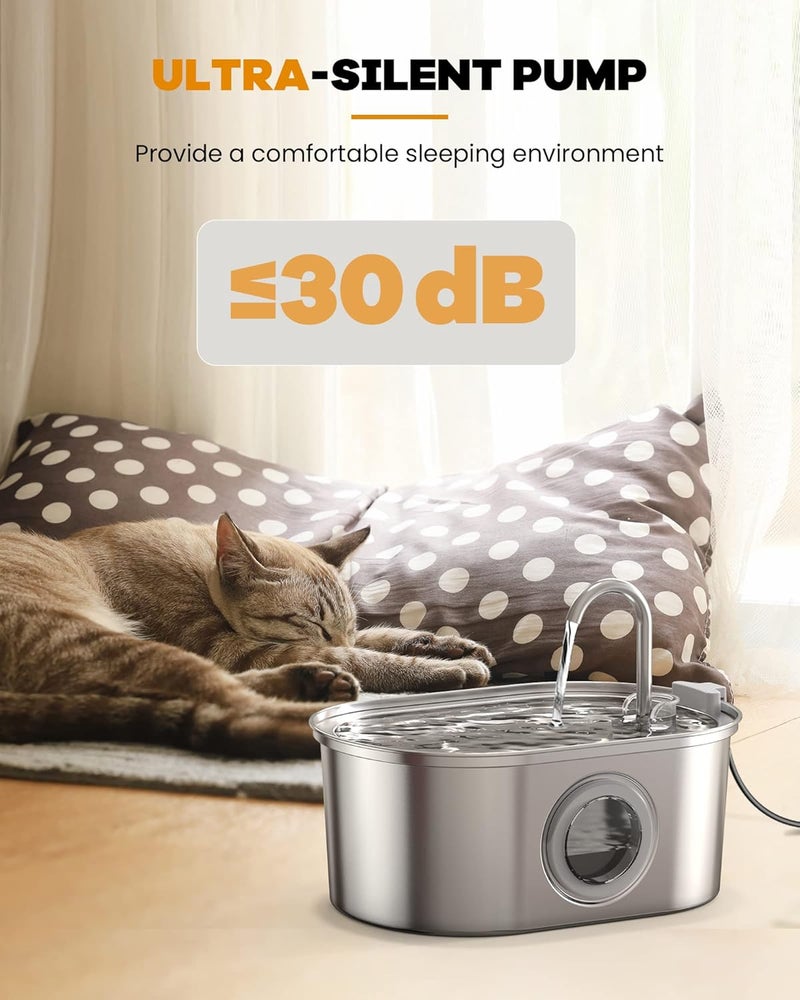 SOOFPET Cat Water Fountain Stainless Steel: with 8pcs Carbon Filter + 8pcs Sponge 108oz/3.2L Pet Water Fountain Cat Fountain - Water Fountain for Cats Inside with Water Level Window Quiet Pump - Image 5