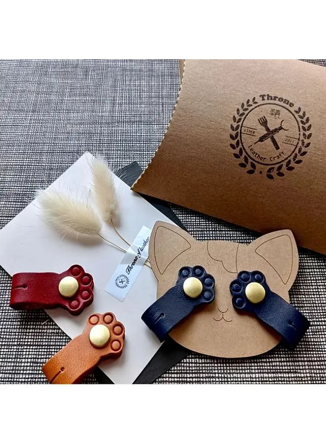 Red Cat Paw Leather Cable Organizer and Clip Portable Button Closure Wire Winder - Image 1