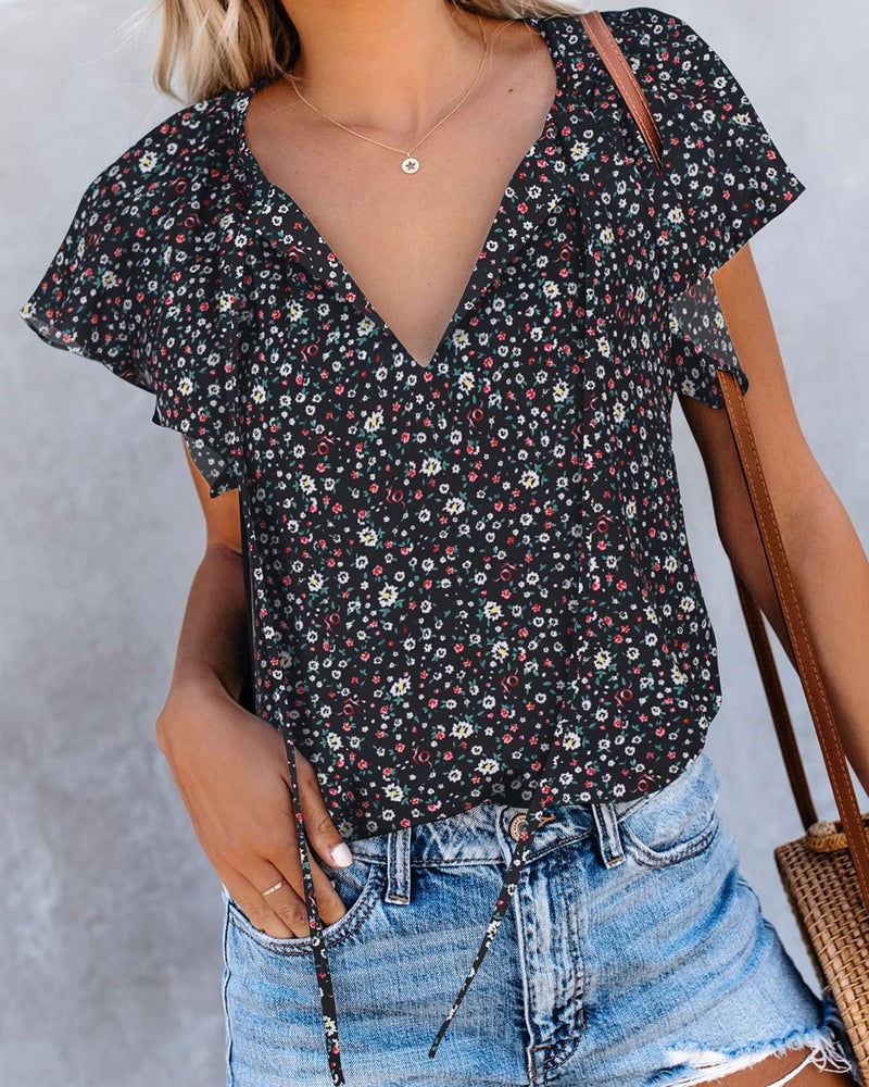 SimpleFun Floral Shirts for Women Dressy Casual Petaled Sleeves Summer Blousy Tops Fashion Style (Floral8,M) - Image 2