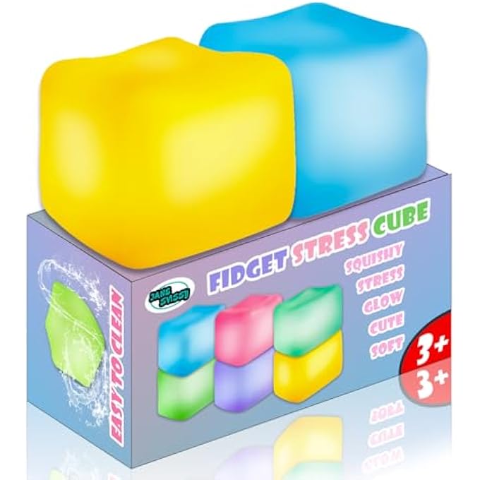 JANESVISSY 2Pcs Stress Cube Glow in The Dark Toys,Sensory Squeeze Toy with Super Solid Squishy,Fidget Squishy Toys for Kids and Adults,Ice Cube Toys,High Density Squeeze Balls(Blue + Yellow) - Image 1