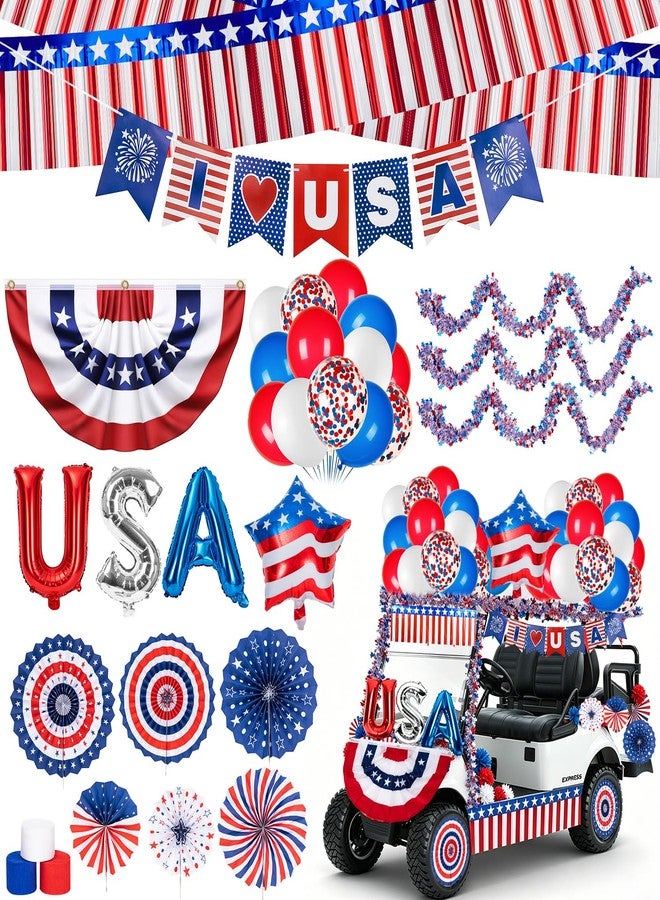 WEIDLUDOR 4th of July Golf Cart Decorations, USA 250th Anniversary Patriotic Parade Float Decor Set for Car & Boat, Includes Foil Balloons, Bunting Flag & Tinsel Garlands for Independence, Memorial or Flag Day - Image 1