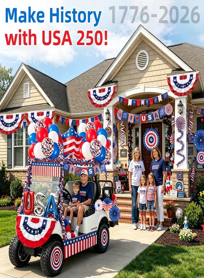WEIDLUDOR 4th of July Golf Cart Decorations, USA 250th Anniversary Patriotic Parade Float Decor Set for Car & Boat, Includes Foil Balloons, Bunting Flag & Tinsel Garlands for Independence, Memorial or Flag Day - Image 2