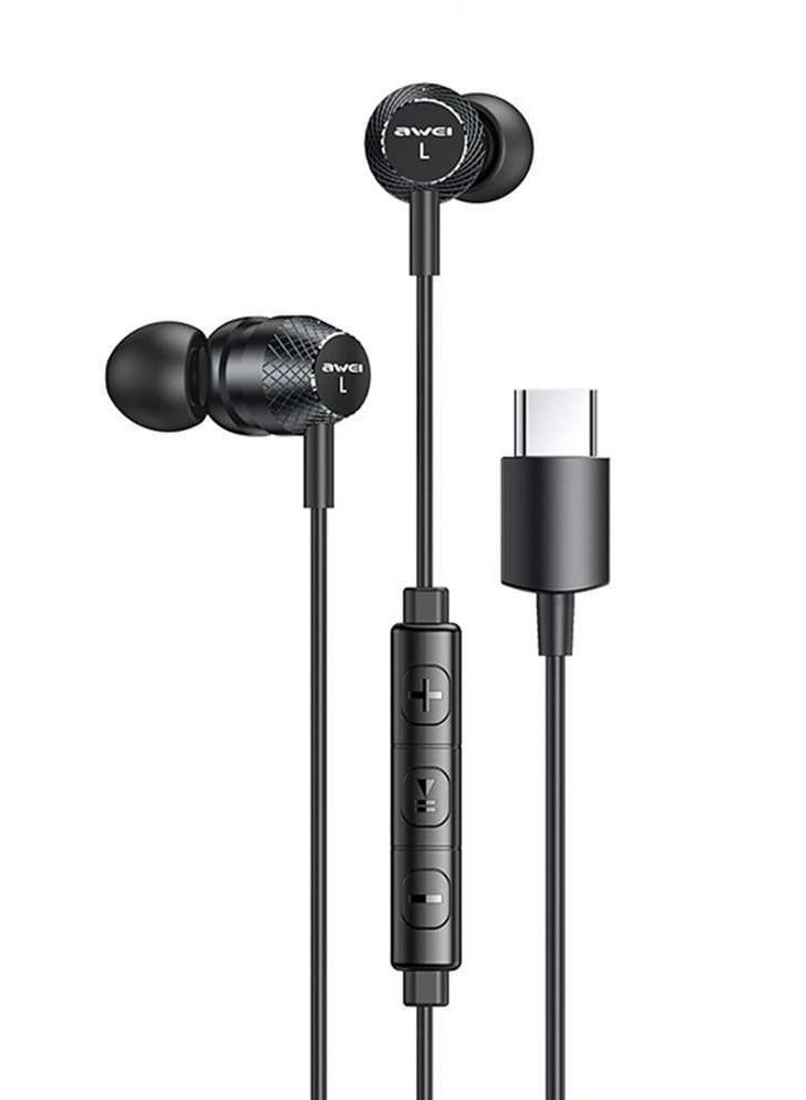 AWEI TC-5 In-Ear Headphones with Type-C Jack - Magnetic Design –BLACK- High Sound Quality - Image 1