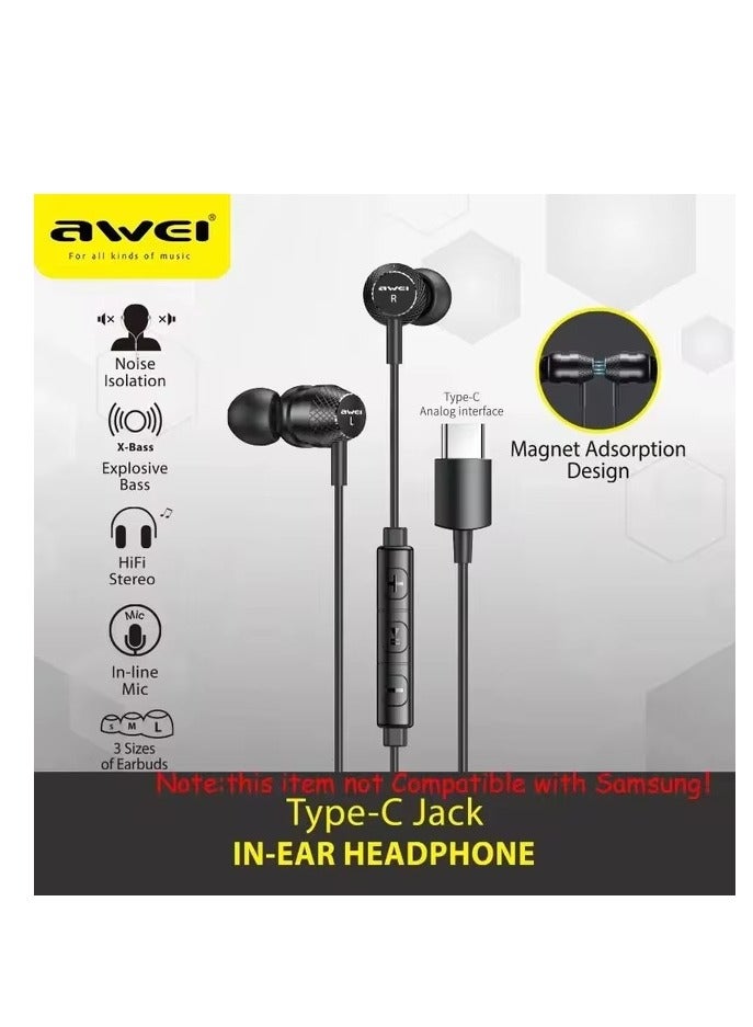 AWEI TC-5 In-Ear Headphones with Type-C Jack - Magnetic Design –BLACK- High Sound Quality - Image 4